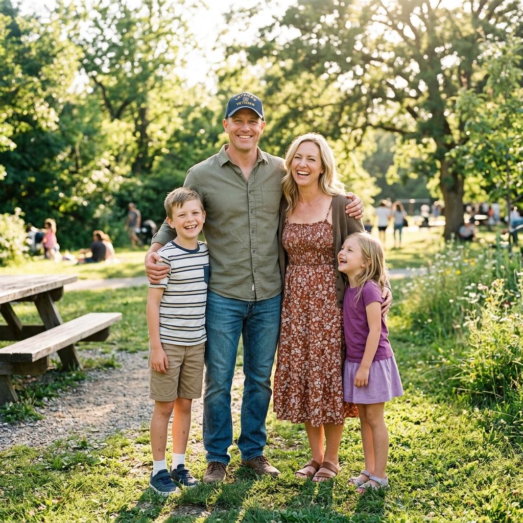 A smiling veteran family enjoying a peaceful moment